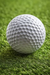 Obraz premium Close-up of golf ball resting on meticulously groomed green, ready for a perfect drive - tee impact game dimples