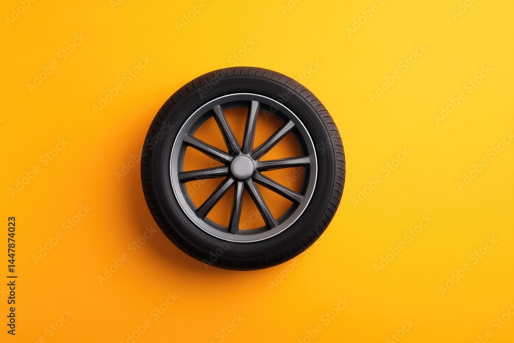 Poster minimalistic top-down view of single wheel and tire against solid clean color background focus on pr