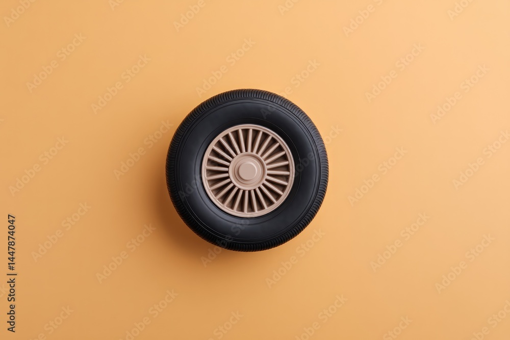 Poster minimalistic top-down view of single wheel and tire against solid clean color background focus on pr