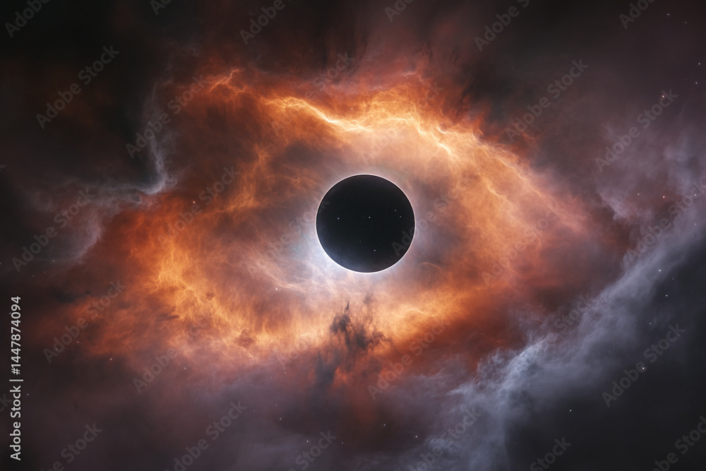 Poster dark planet silhouetted against fiery orange and grey nebula, cosmic dust clouds swirl around it, cr