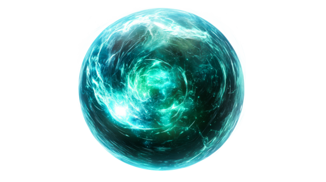 Abstract sphere, orb glowing neon teal energy. cut out transparent