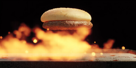 Hamburger Patty and Bun Above Flaming Grill