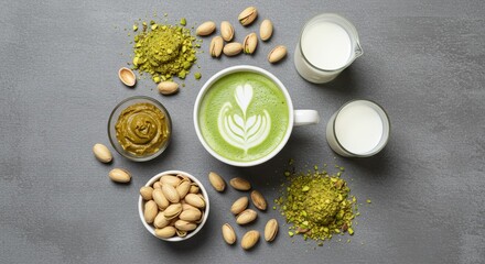 Fototapeta premium Preparing Pistachio Latte Art Drink Overhead View