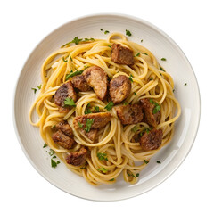 Top-down view of linguine pasta served with golden fried chicken liver pieces and garnished with herbs, realistic food presentation isolated on transparent background.

