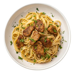Top-down view of linguine pasta served with golden fried chicken liver pieces and garnished with herbs, realistic food presentation isolated on transparent background.

