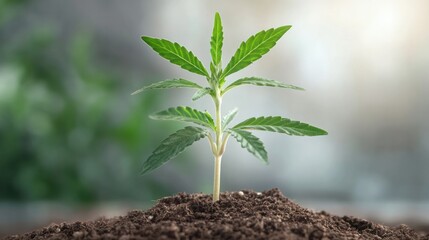 Young Cannabis Sprout: A close-up view of a vibrant cannabis sprout emerges from a small mound of earth, its leaves reach towards the sun, illustrating new life.