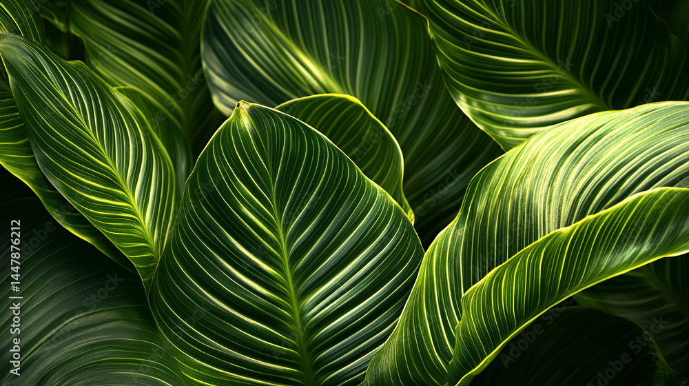 Poster Close-up of vibrant green leaves with prominent parallel veins, creating a lush and textured pattern, showcasing nature's intricate design, ideal for botanical or tropical themes
