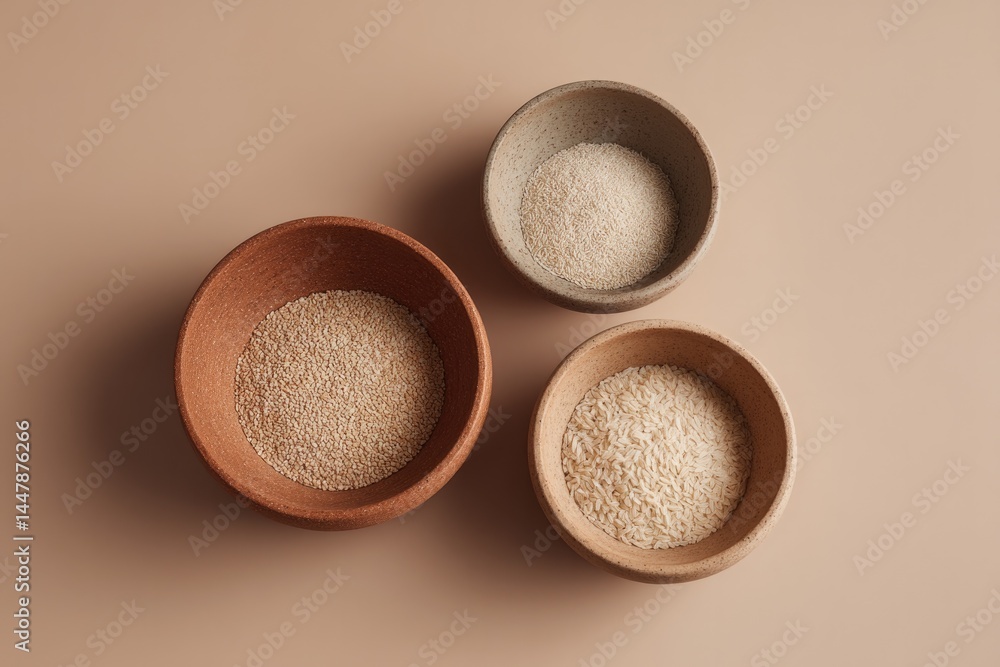 Poster plain bowls with assorted grains and cereals neatly arranged on simple neutral background