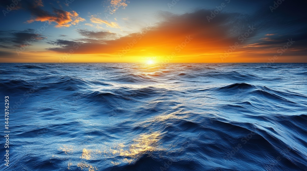Aufkleber sunset over the ocean reflecting colors with waves and clouds creating a serene atmosphere in the ev