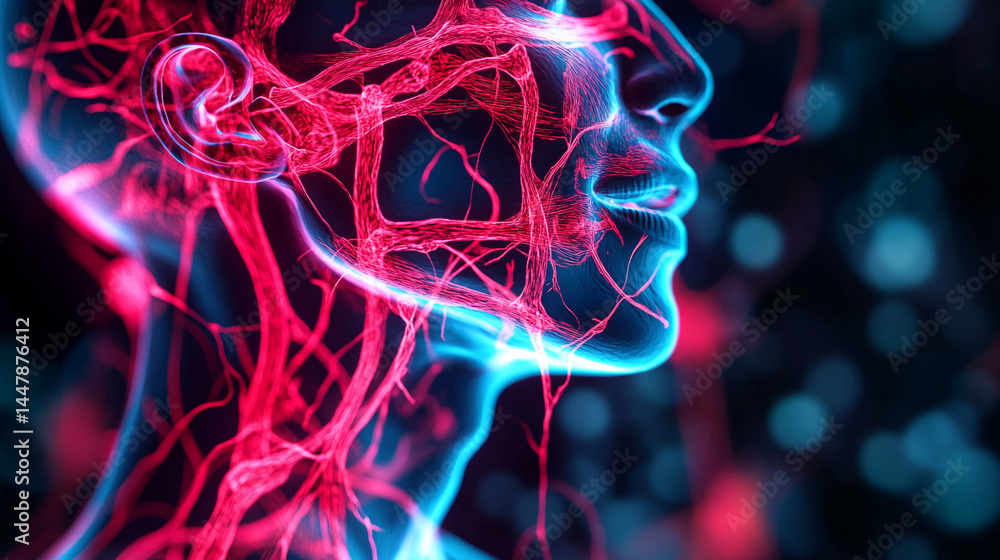 Aufkleber abstract profile of a head, with glowing red and blue neural network-like structures. represents neu