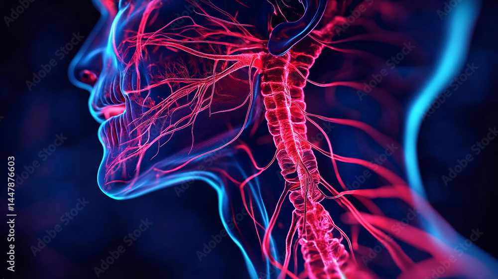 Poster abstract digital rendering of human nervous system, showcasing spinal cord and nerve branches in vib