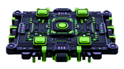 Complex machinery with neon lights, cut out transparent