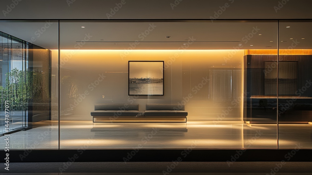 Poster a sleek glass frame with a transparent border, reflecting soft light in a modern setting