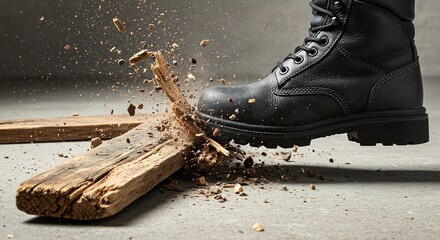 Black Leather Work Boots Crushing Wooden Plank, Close-up Studio Shot Showing Strength and Durability