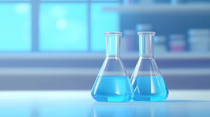 Laboratory setup with colorful beakers, bright blue liquid in glass flasks, sterile environment highlighting scientific research.