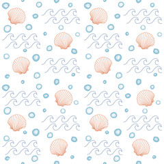Tropical seashells,sea wave,bubble seamless pattern.Mediterranean summer abstract background. Hawaii marine background.Hand drawn illustration for seasonal design, surface,textile,holiday vacation.