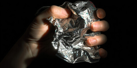 Hand Holding Crumpled Iridescent Foil