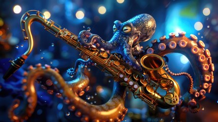 Obraz premium An octopus plays a saxophone in a vibrant musical scene.