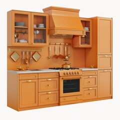 A modern kitchen design featuring orange cabinetry and appliances for cooking and storage. on white background