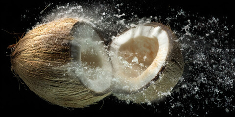 Two Halves of Coconut in Water Splash