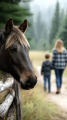 Horse observes a child and adult walking along a forest path in the late afternoon