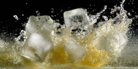 Ice Cubes Impacting Yellow Liquid