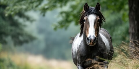Fototapeta premium Horse galloping through a forest trail in the early morning light during summer