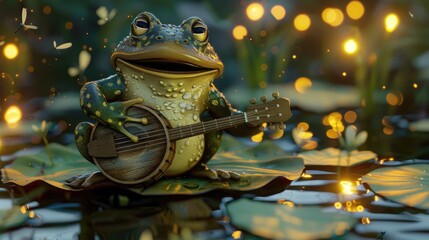 Naklejka premium Animated amphibian musician playing a banjo.