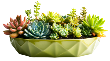 Collection of assorted colorful succulent plants in green bowl cut out transparent