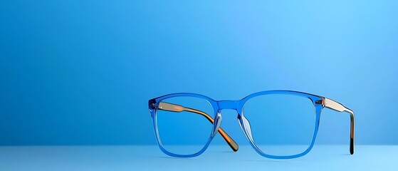 Blue eyeglasses on a blue surface with a light blue gradient background