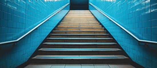 Fototapeta premium Subway stairs ascend, blue tiles, dark exit