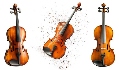 Fototapeta premium Three classic wooden violins isolated on transparent background, front and angled views, one with dynamic explosion effect of particles, realistic musical instrument objects.