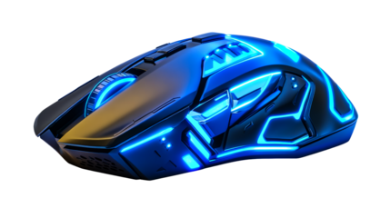 Futuristic gaming mouse with blue neon lights, top view, . cut out transparent