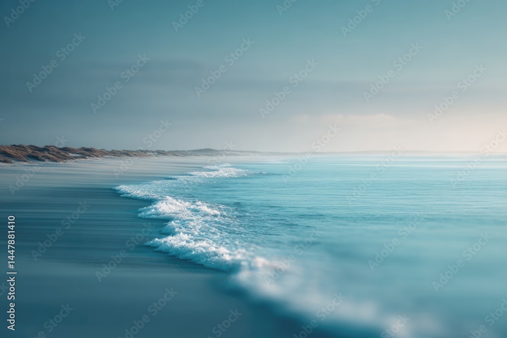 Poster serene beach landscape with soft sands in foreground timeless waves minimalistic design copy space