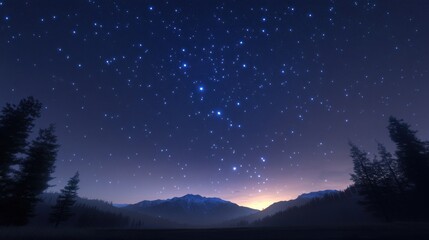 Fototapeta premium Starlit mountain landscape, serene twilight sky with scattered stars, trees framing the foreground, perfect for relaxation themes.