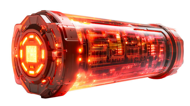 Futuristic red storage unit with circuit pattern. cut out transparent