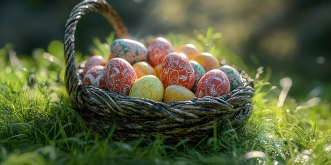 Colorful Easter eggs arranged in a decorative basket resting on fresh grass in a sunny outdoor setting