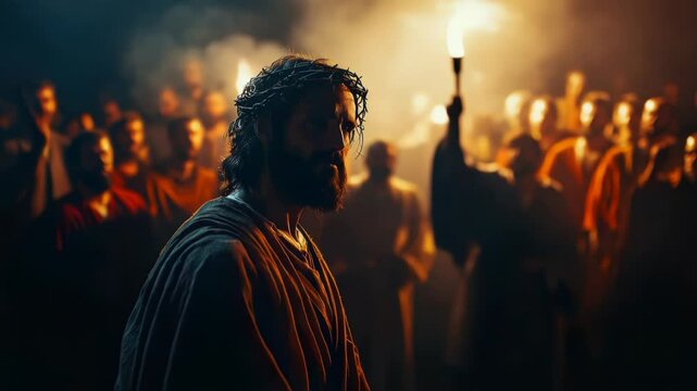 Jesus standing before Pontius Pilate, calm and composed, crowd shouting in the background, dramatic lighting highlighting expressions, realistic and symbolic composition