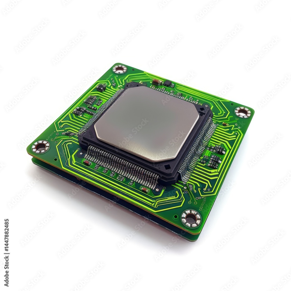 Poster a microprocessor with a green circuit board, designed for electronic devices. on white background