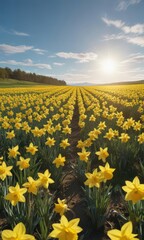 Fototapeta premium Expansive field of daffodils bathed in sunlight, vivid yellow against azure sky , wide, nature photography