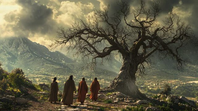 The withered fig tree standing in stark contrast to the vibrant landscape, Jesus and His disciples walking past, soft natural lighting, symbolic and realistic textures