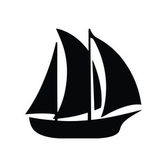 Silhouette of a sailboat with three sails, black and white design, nautical icon