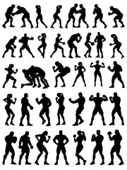 Set of male and female wrestling sport silhouette vector illustrations