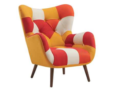 Modern Patchwork Armchair in Red Yellow and White on transparent background