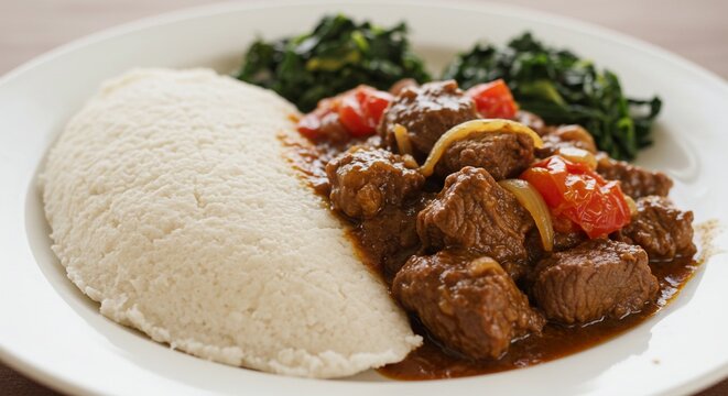 A plate of sadza with beef stew and greens served on a white plate close up shot from above