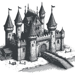 Tiny medieval castle with an intricate drawbridge design, surrounded by scenic beauty and a blend of historic architecture.