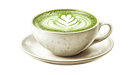 Matcha latte art in white cup with saucer. cut out transparent