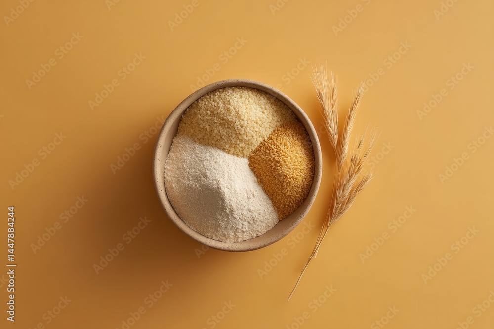 Aufkleber top-down photo of various grains and cereals on clean solid color background minimalistic compositio