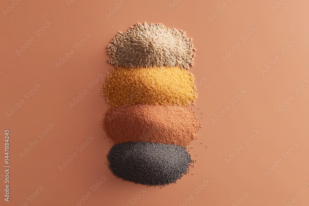 Poster top-down photo of various grains and cereals on clean solid color background minimalistic compositio