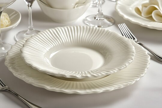 Elegant white dinnerware set with textured plates and bowls arranged on a dining table